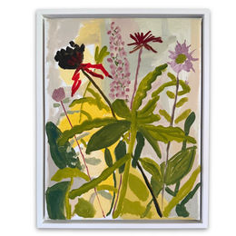 A framed botanical art print featuring expressive painted flowers and leaves in green, yellow, pink, red, and black tones, set against a light neutral background.
