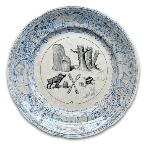 Set of 6 19th‑century French Sarreguemines Talking Plates