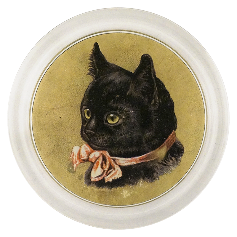 A decorative 6-inch coaster featuring a vintage print of a black kitten with a red collar, set against a beige background, handmade in a New York City studio.