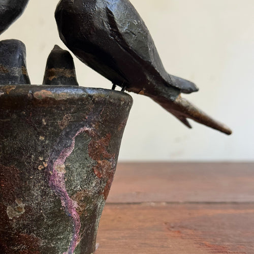 Black Forest Carved Birds on Clay Pot (#10)