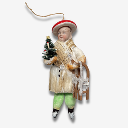 Nostalgic Cotton Mushroom Boy with Sled and Porcelain Head Ornament