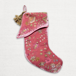 Madame Bovary Embroidered Silk Velvet Holiday Stocking in Cyclamen