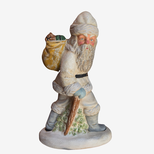 Santa in a White Coat with Sack of Gifts & Walking Stick