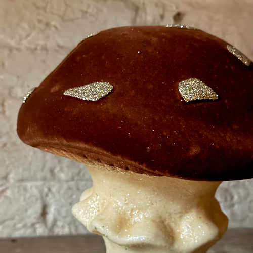 Large Flocked Glitter Mushroom in Brown with Gold