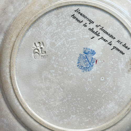 Set of 6 19th‑century French Sarreguemines Talking Plates