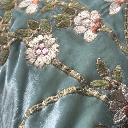 Tuileries  Embroidered Silk Velvet Cushion in Ocean