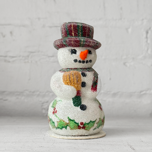Papier-Mâché Beaded Snowman with Holly Leaves and a Plaid Hat