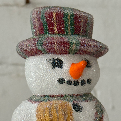 Papier-Mâché Beaded Snowman with Holly Leaves and a Plaid Hat
