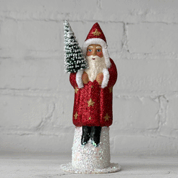 Papier-Mâché Glitter Santa in Red with Gold Stars