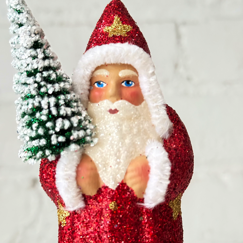 Papier-Mâché Glitter Santa in Red with Gold Stars