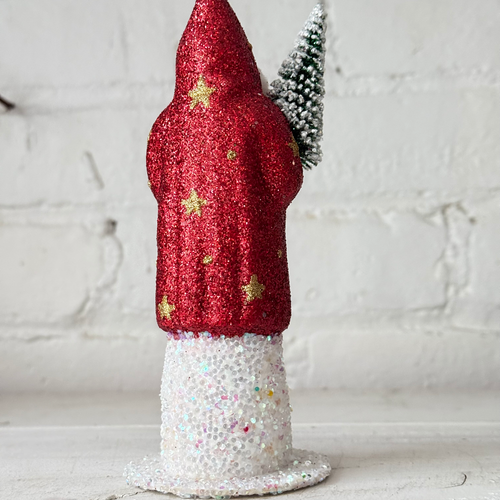 Papier-Mâché Glitter Santa in Red with Gold Stars