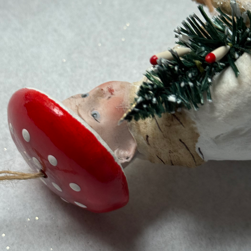 Nostalgic Cotton Mushroom Boy with Sled and Porcelain Head Ornament