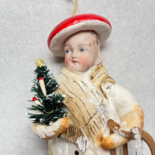 Nostalgic Cotton Mushroom Boy with Sled and Porcelain Head Ornament