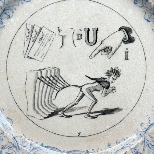 Set of 6 19th‑century French Sarreguemines Talking Plates