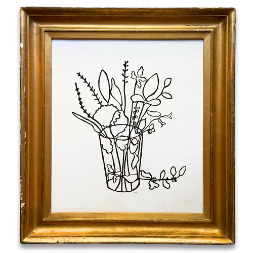 Hugo Guinness "Flowers in a Glass Tumbler 5" Linocut in a Vintage Frame