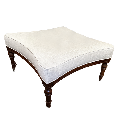 19c French Star Ottoman Upholstered in Antique Linen with Les Indienne Block Printed Slipcover