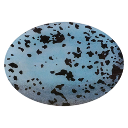An oval-shaped decorative tile or coaster featuring a light blue background with a scattered pattern of dark brown and black organic spots, shown against a plain white background.