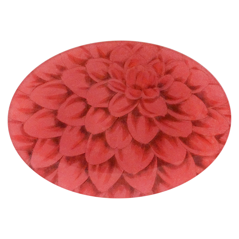 A seven inch by ten inch horizontal glass plate of a close up image of a red flower. 