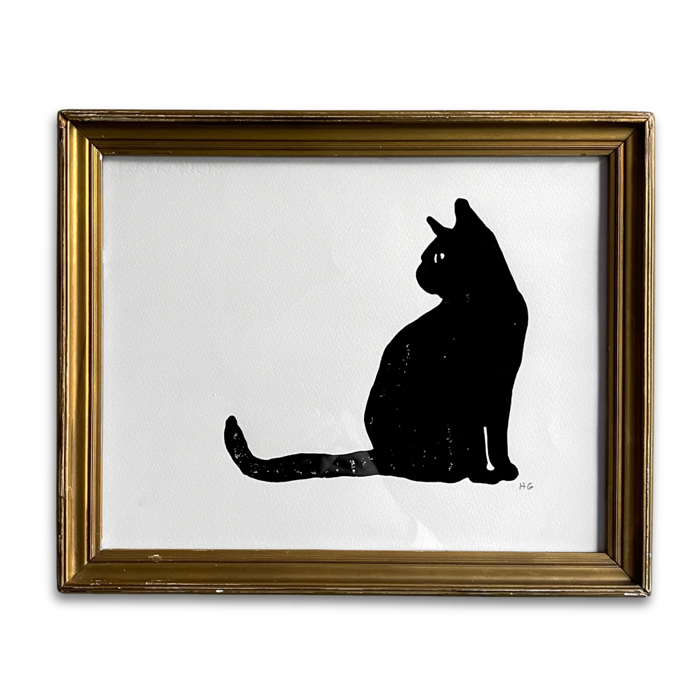 Hugo Guinness "Black Cat" Linocut in a Vintage Frame