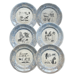 Set of 6 19th‑century French Sarreguemines Talking Plates