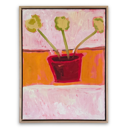 A framed painting depicting three light green flowers with green stems in a dark red pot, set against a pink and orange background, enclosed in a light wood frame.