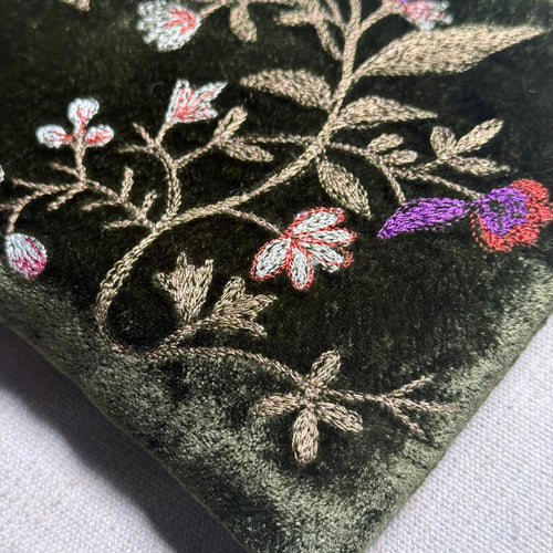 Jane Embroidered Silk Velvet Cosmetic Zip Pouch in Dark Green