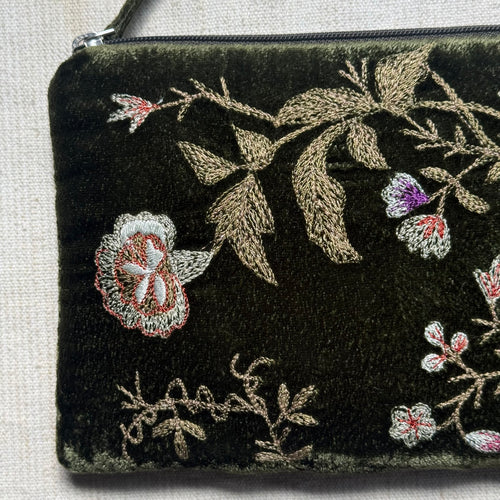 Jane Embroidered Silk Velvet Cosmetic Zip Pouch in Dark Green