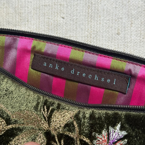 Jane Embroidered Silk Velvet Cosmetic Zip Pouch in Dark Green