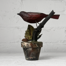 Black Forest Carved Perched Bird on Clay Pot (#4)