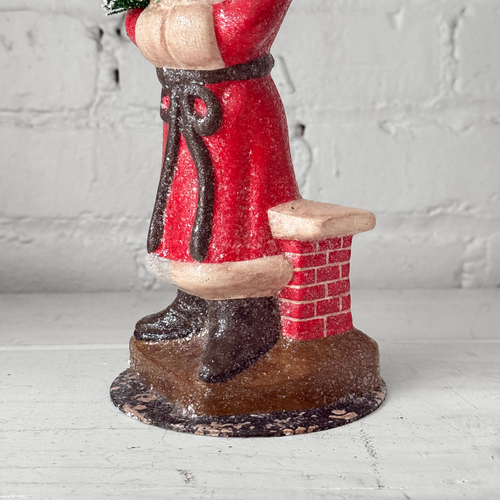 Papier-Mâché Santa on a Chimney in Old Finish