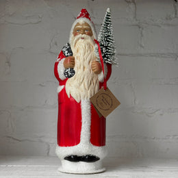 Papier-Mâché Santa in a Light Red Coat with Glittered Beard