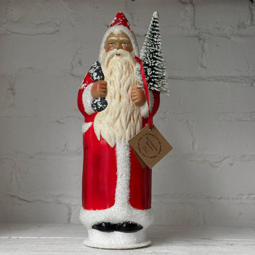 Papier-Mâché Santa in a Light Red Coat with Glittered Beard