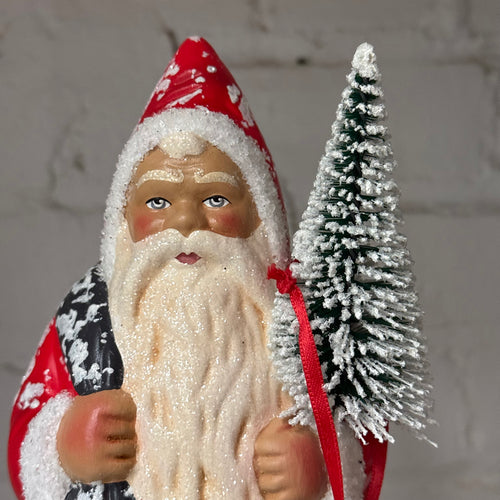 Papier-Mâché Santa in a Light Red Coat with Glittered Beard