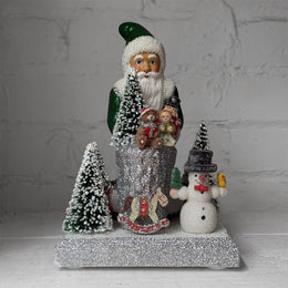 Papier-Mâché Santa in Forest Green with Toys