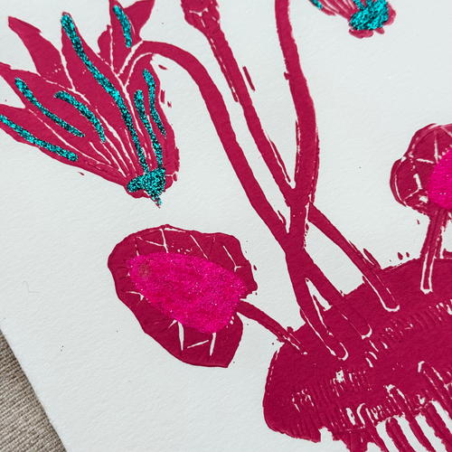 Block Printed Pink Cyclamen Folded Card