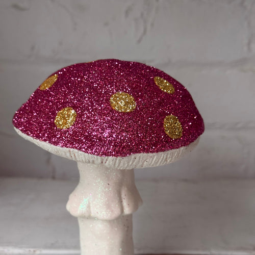 Single Glitter Mushroom in Pink with Yellow Dots