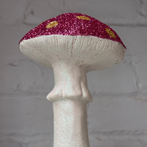 Single Glitter Mushroom in Pink with Yellow Dots