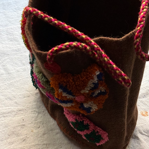 PO! Paris Nathalie Lete Woven & Knotted "Les Petits Fleur" Bag in Marron