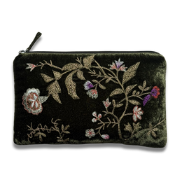Jane Embroidered Silk Velvet Cosmetic Zip Pouch in Dark Green