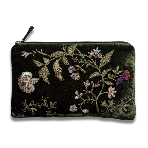 Jane Embroidered Silk Velvet Cosmetic Zip Pouch in Dark Green