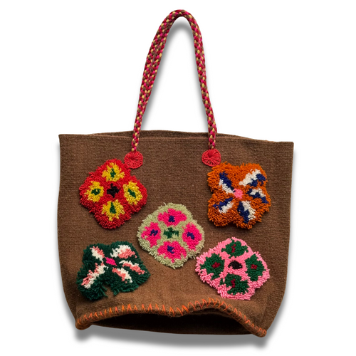 PO! Paris Nathalie Lete Woven & Knotted "Les Petits Fleur" Bag in Marron