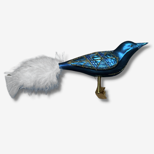 White Feather Tailed Clip-on Blue Bird Ornament