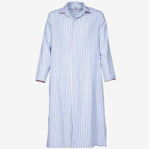P. Le Moult Striped Long Nightshirt in White & Sky with Red Piping