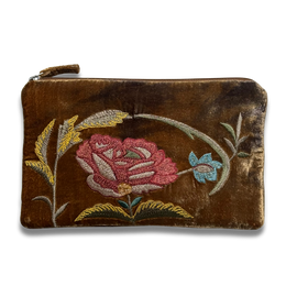 Livia Embroidered Silk Velvet Cosmetic Zip Pouch in Light Brown