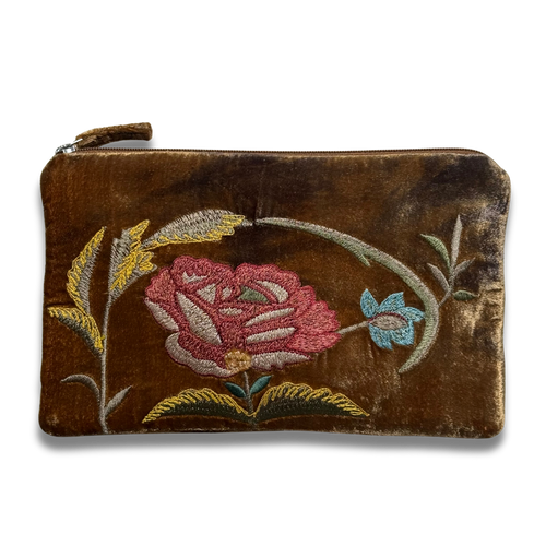 Livia Embroidered Silk Velvet Cosmetic Zip Pouch in Light Brown