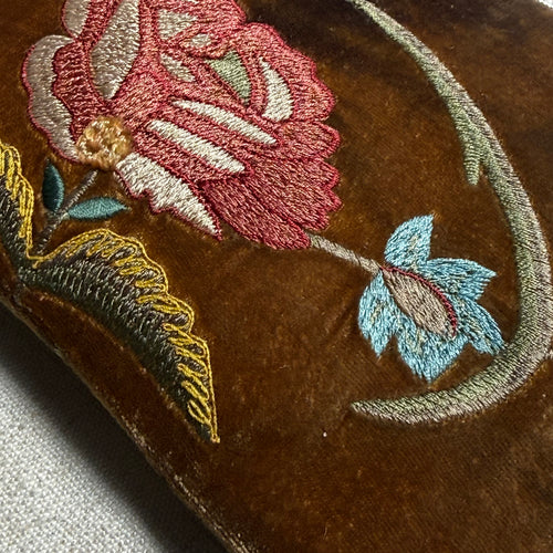Livia Embroidered Silk Velvet Cosmetic Zip Pouch in Light Brown