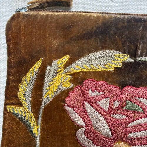 Livia Embroidered Silk Velvet Cosmetic Zip Pouch in Light Brown