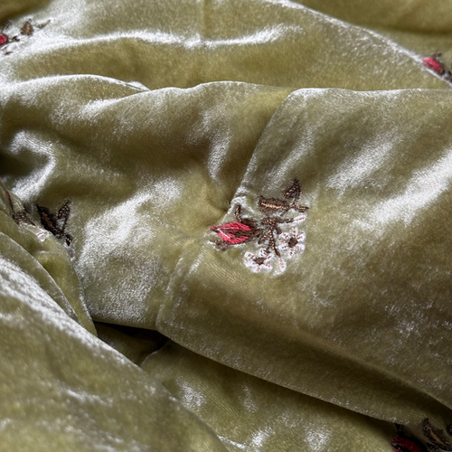 Flower Bud Embroidered Silk Velvet Throw in Apple Green