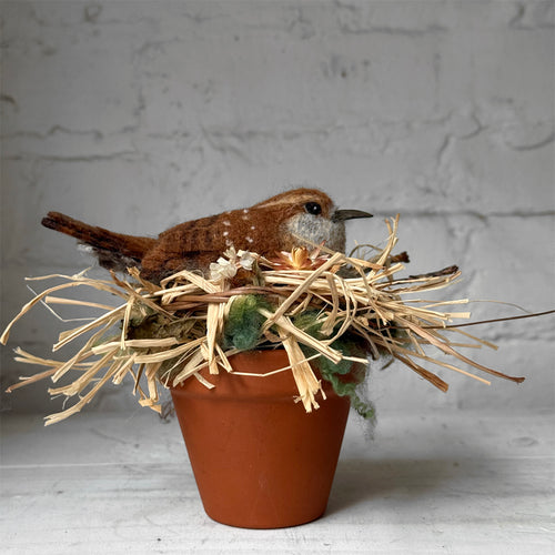Needle Felted Carolina Wren in a Pot