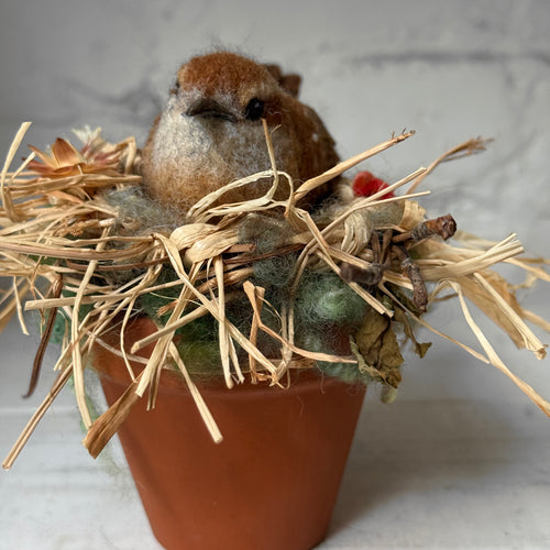 Needle Felted Carolina Wren in a Pot